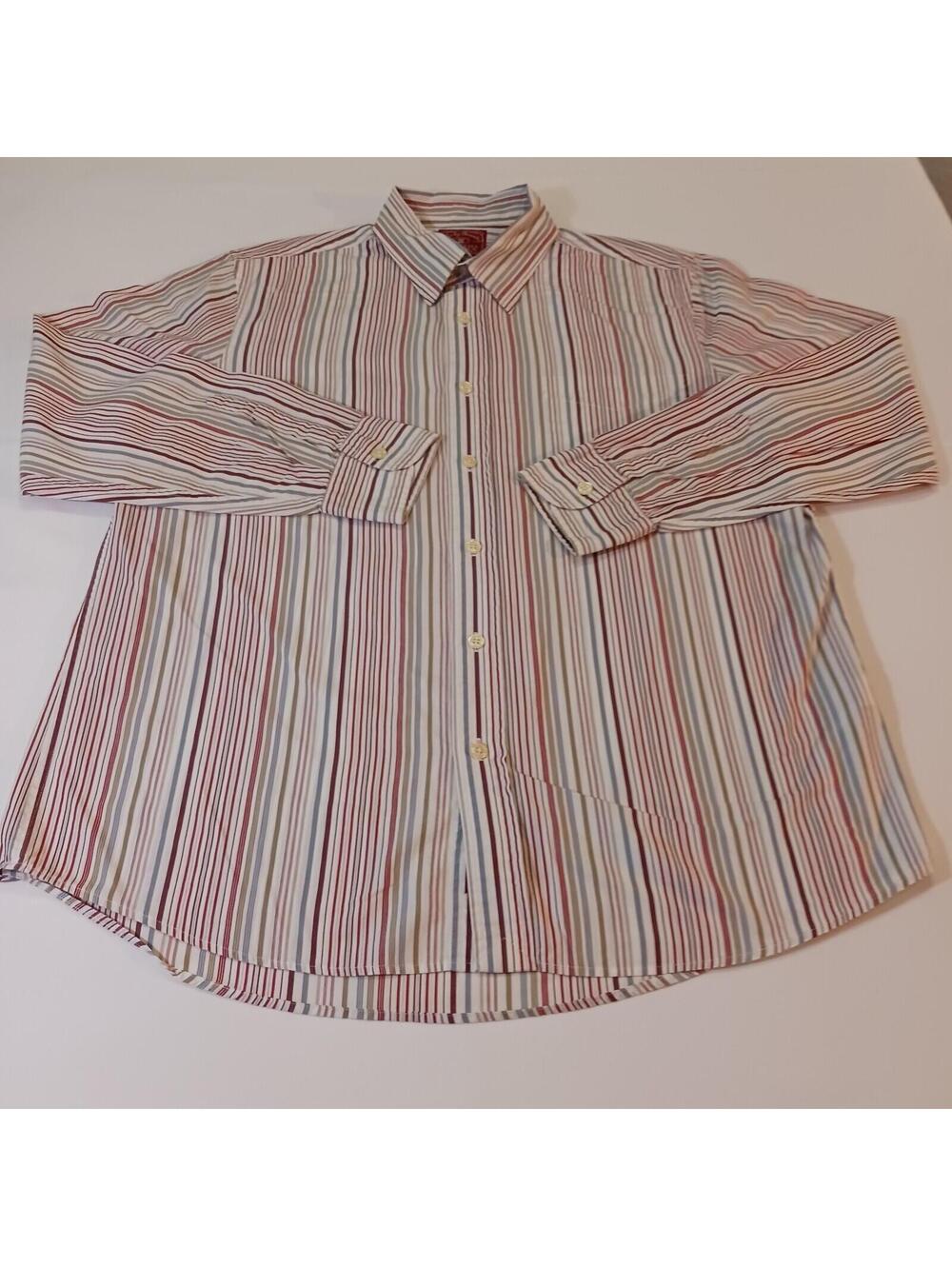 Lucky Brand Dungarees Men's Red Gray White Stripes Shirt Long Sleeve Large